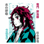 Imagem de Tanjiro Kamado, personagem principal do anime "Demon Slayer", com cabelo vermelho e preto, vestindo um uniforme tradicional japonês. O fundo apresenta elementos gráficos relacionados à série, incluindo textos em japonês.