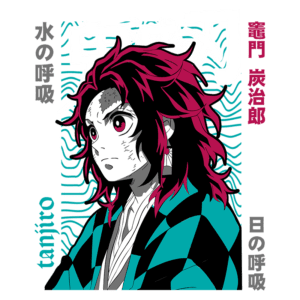 Imagem de Tanjiro Kamado, personagem principal do anime "Demon Slayer", com cabelo vermelho e preto, vestindo um uniforme tradicional japonês. O fundo apresenta elementos gráficos relacionados à série, incluindo textos em japonês.