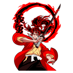Personagem de anime com cabelo vermelho e espada, vestindo um manto vermelho. Ele está em uma pose dinâmica, com um fundo circular vermelho. Ideal para temas de ação e cultura pop japonesa.