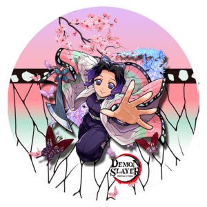 Personagem de "Demon Slayer" com cabelo roxo, vestindo um kimono colorido, estendendo a mão em um cenário florido com borboletas. O fundo apresenta flores de cerejeira e uma estética suave em tons de rosa e verde.