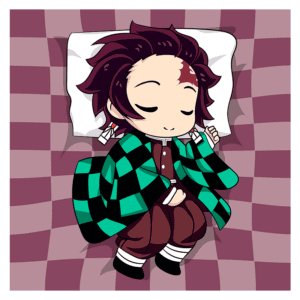 Personagem de anime dormindo em uma cama com cobertor xadrez, usando um traje tradicional verde e preto. A imagem retrata uma pose tranquila e adorável, destacando detalhes do cabelo e da expressão serena.
