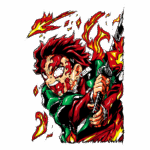 Personagem de anime com cabelo vermelho e roupa verde, segurando uma espada, cercado por chamas e efeitos de fogo, expressando determinação e ação.