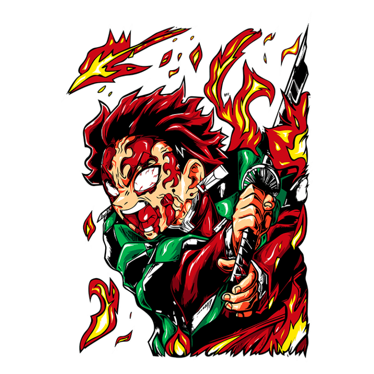 Personagem de anime com cabelo vermelho e roupa verde, segurando uma espada, cercado por chamas e efeitos de fogo, expressando determinação e ação.