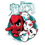 Máscara vermelha estilizada com personagens de gatos em um fundo azul. Design inspirado em elementos de cultura japonesa, com expressões distintas e detalhes artísticos. Ideal para fãs de anime e cultura pop.