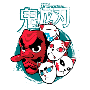 Máscara vermelha estilizada com personagens de gatos em um fundo azul. Design inspirado em elementos de cultura japonesa, com expressões distintas e detalhes artísticos. Ideal para fãs de anime e cultura pop.