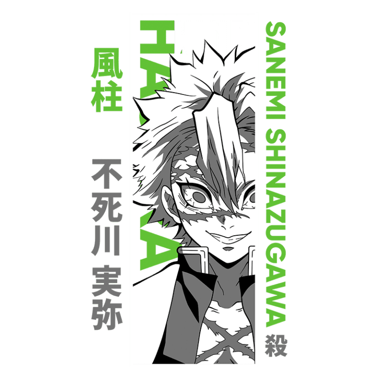 Imagem do personagem Sanemi Shinazugawa, do anime Demon Slayer, com destaque para seu cabelo desgrenhado e máscara facial. O design inclui elementos gráficos em verde e preto, com o texto "Wind Hashira" e seu nome em japonês.