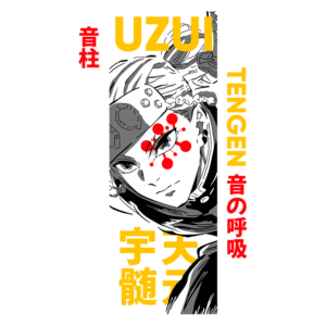 Imagem do personagem Tengen Uzui, Hashira do Som, da série de anime "Demon Slayer". O design destaca elementos gráficos, incluindo seu nome em português e japonês, e sua icônica maquiagem facial, simbolizando sua força e habilidades únicas.