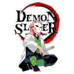 Personagem de "Demon Slayer" com uma máscara de gato, vestido com um kimono colorido e segurando uma espada, posicionado em uma atitude relaxada. O fundo apresenta o logotipo da série em destaque.