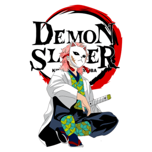 Personagem de "Demon Slayer" com uma máscara de gato, vestido com um kimono colorido e segurando uma espada, posicionado em uma atitude relaxada. O fundo apresenta o logotipo da série em destaque.