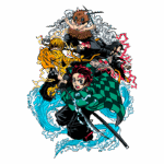 Imagem de personagens de anime em uma cena dinâmica, com destaque para um jovem lutador com cabelo vermelho e vestimenta verde, empunhando uma espada. Ao fundo, outros personagens com diferentes estilos e poderes, incluindo um com uma máscara de animal e efeitos elementares ao redor, como água e raios. Ideal para fãs de animes de ação e aventura.