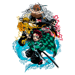 Imagem de personagens de anime em uma cena dinâmica, com destaque para um jovem lutador com cabelo vermelho e vestimenta verde, empunhando uma espada. Ao fundo, outros personagens com diferentes estilos e poderes, incluindo um com uma máscara de animal e efeitos elementares ao redor, como água e raios. Ideal para fãs de animes de ação e aventura.