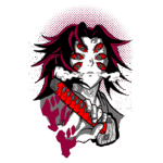 Ilustração de um personagem de anime com cabelo longo e roxo, segurando uma espada vermelha. O personagem possui múltiplos olhos vermelhos e uma expressão intensa, com elementos de design em estilo mangá e fundo estilizado.