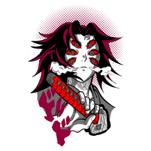 Ilustração de um personagem de anime com cabelo longo e roxo, segurando uma espada vermelha. O personagem possui múltiplos olhos vermelhos e uma expressão intensa, com elementos de design em estilo mangá e fundo estilizado.