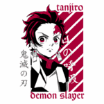 Imagem do personagem Tanjiro Kamado do anime Demon Slayer, com cabelo preto e vermelho, usando um uniforme de caçador de demônios, destacado por elementos gráficos em vermelho e branco.
