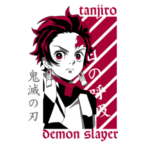 Imagem do personagem Tanjiro Kamado do anime Demon Slayer, com cabelo preto e vermelho, usando um uniforme de caçador de demônios, destacado por elementos gráficos em vermelho e branco.