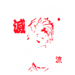 Imagem do personagem Tanjiro Kamado do anime Demon Slayer, com expressão determinada, cabelo vermelho e roupas em padrão de cheques. O fundo inclui elementos gráficos como sol nascente e texto em japonês e inglês, destacando seu nome e a série.