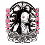 Ilustração de Nezuko Kamado, personagem do anime Demon Slayer, com cabelo longo e escuro, usando uma faixa na boca. Ao fundo, um padrão de folhas e rosas, com o nome da personagem em japonês e português. Ideal para fãs de animes e cultura pop.