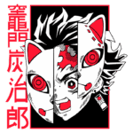 Ilustração de um personagem com uma máscara de raposa, representando um estilo de arte inspirado em anime, com detalhes em vermelho e preto. O personagem exibe uma expressão intensa, destacando elementos visuais marcantes.