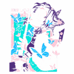 Ilustração de uma personagem feminina com espada, cercada por borboletas azuis e rosas, com fundo em tons pastel. A arte apresenta elementos de estilo japonês, destacando a beleza e a força da personagem.