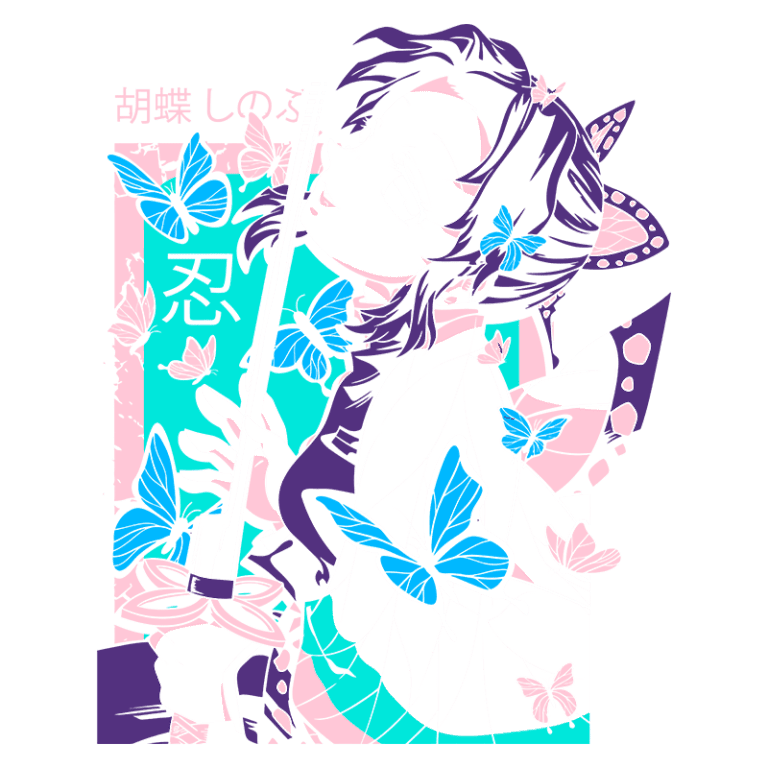 Ilustração de uma personagem feminina com espada, cercada por borboletas azuis e rosas, com fundo em tons pastel. A arte apresenta elementos de estilo japonês, destacando a beleza e a força da personagem.