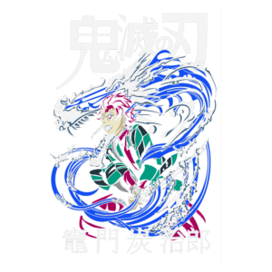 Imagem do personagem principal de "Demon Slayer" (Kimetsu no Yaiba), com cabelo vermelho e roupa tradicional, lutando contra demônios em meio a ondas de água, destacando a arte vibrante e dinâmica do anime.