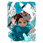 Personagem de anime segurando uma espada, cercado por ondas de água e vestindo uma máscara de lobo, representando a arte da respiração da água. Desenho vibrante e dinâmico, com detalhes em azul e vermelho.