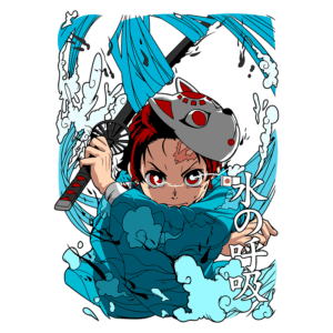 Personagem de anime segurando uma espada, cercado por ondas de água e vestindo uma máscara de lobo, representando a arte da respiração da água. Desenho vibrante e dinâmico, com detalhes em azul e vermelho.