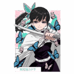 Personagem feminina com cabelo preto e um sorriso, segurando uma katana, cercada por borboletas coloridas. O fundo apresenta uma estética vibrante com detalhes em rosa e azul.