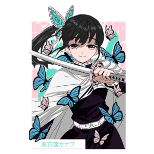 Personagem feminina com cabelo preto e um sorriso, segurando uma katana, cercada por borboletas coloridas. O fundo apresenta uma estética vibrante com detalhes em rosa e azul.