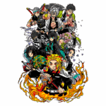 Ilustração colorida de personagens do anime "Demon Slayer", incluindo guerreiros com espadas e trajes tradicionais, dispostos em uma composição dinâmica com fogo e elementos florais ao fundo.
