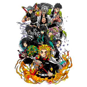 Ilustração colorida de personagens do anime "Demon Slayer", incluindo guerreiros com espadas e trajes tradicionais, dispostos em uma composição dinâmica com fogo e elementos florais ao fundo.