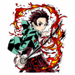 Personagem de anime com cabelo escuro e olhos vermelhos, vestindo um uniforme de listras verdes e pretas, segurando uma espada enquanto chamas vermelhas o cercam, representando ação e determinação.