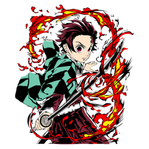 Personagem de anime com cabelo escuro e olhos vermelhos, vestindo um uniforme de listras verdes e pretas, segurando uma espada enquanto chamas vermelhas o cercam, representando ação e determinação.