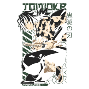 Ilustração do personagem Tanjiro Kamado de Demon Slayer, com seu traje característico em padrão xadrez, segurando uma katana em uma pose dinâmica. O fundo apresenta elementos gráficos que remetem ao universo do anime, destacando a temática de luta contra demônios.