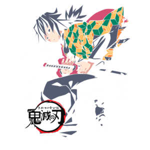 Personagem de anime com espada, vestindo um manto colorido em padrões geométricos, parte da série "Demon Slayer". A imagem destaca a ação e a habilidade do personagem, com elementos de design vibrantes e letras estilizadas em japonês.