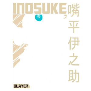 Imagem estilizada do personagem Inosuke, do anime "Demon Slayer", com traços marcantes e elementos gráficos que destacam seu olhar intenso e expressões faciais. O design inclui o nome "Inosuke" e caracteres chineses, ressaltando sua identidade única.