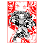 Personagem de anime em estilo artístico, com cabelo longo e solto, vestindo um traje preto e branco, correndo em direção ao espectador. O fundo apresenta elementos gráficos vermelhos e pretos, criando um contraste marcante.