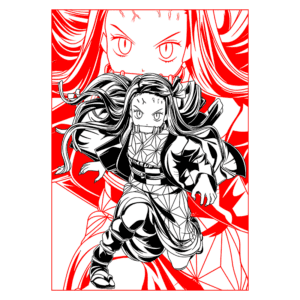 Personagem de anime em estilo artístico, com cabelo longo e solto, vestindo um traje preto e branco, correndo em direção ao espectador. O fundo apresenta elementos gráficos vermelhos e pretos, criando um contraste marcante.