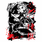 Ilustração de um personagem com espada, cercado por elementos de combate, em um estilo artístico em preto e branco com detalhes em vermelho. O fundo é escuro, destacando a figura e a ação dinâmica. Ideal para fãs de anime e mangá.