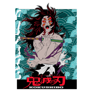 Imagem de Kokushibo, um personagem da série "Demon Slayer", com cabelo longo e vermelho, segurando uma espada. O fundo apresenta ondas estilizadas em azul e verde, destacando o tema de combate e mitologia. A arte é vibrante e expressiva, refletindo a intensidade da série.