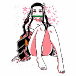 Personagem de anime sentada com cabelo longo e fita na cabeça, usando um traje tradicional japonês, rodeada por flores de cerejeira e segurando um objeto verde na boca.