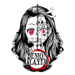 Ilustração do personagem de "Demon Slayer" com um design dividido, mostrando um lado normal e o outro lado com detalhes sombrios e uma expressão aterrorizante. O fundo apresenta o título "DEMON SLAYER" em destaque.