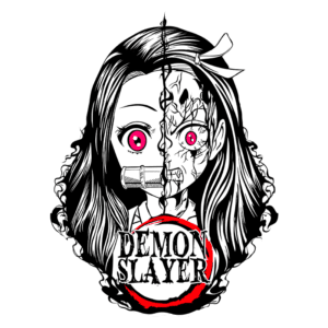 Ilustração do personagem de "Demon Slayer" com um design dividido, mostrando um lado normal e o outro lado com detalhes sombrios e uma expressão aterrorizante. O fundo apresenta o título "DEMON SLAYER" em destaque.