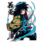 Personagem de anime com espada, vestindo uma jaqueta colorida e com cabelo escuro, cercado por água em movimento. Estilo artístico vibrante e dinâmico.