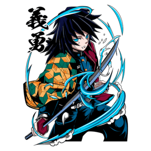 Personagem de anime com espada, vestindo uma jaqueta colorida e com cabelo escuro, cercado por água em movimento. Estilo artístico vibrante e dinâmico.