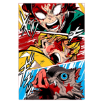 Imagem em estilo de quadrinhos com três painéis, mostrando personagens expressando intensa emoção. O painel superior apresenta um personagem com cabelos vermelhos e olhos brancos, gritando em desespero. O painel do meio exibe outro personagem, com cabelo amarelo, também em uma expressão de grito. O painel inferior mostra um animal com características de porco, com um olho azul e manchas de sangue, refletindo uma atmosfera dramática e de ação.