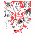 Ilustração de personagens do anime "Demon Slayer", destacando os Hashira, com um fundo vermelho vibrante e traços em preto e branco.