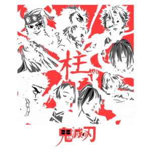 Ilustração de personagens do anime "Demon Slayer", destacando os Hashira, com um fundo vermelho vibrante e traços em preto e branco.