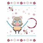 Imagem pixelada de Inosuke Hashibira, personagem de "Demon Slayer", segurando duas espadas. O fundo é decorado com flocos de neve e flores, com o nome "Inosuke Hashibira" destacado na parte inferior. Ideal para fãs de anime e cultura pop.