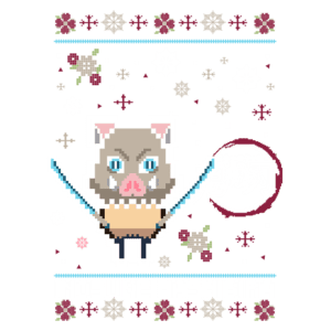 Imagem pixelada de Inosuke Hashibira, personagem de "Demon Slayer", segurando duas espadas. O fundo é decorado com flocos de neve e flores, com o nome "Inosuke Hashibira" destacado na parte inferior. Ideal para fãs de anime e cultura pop.